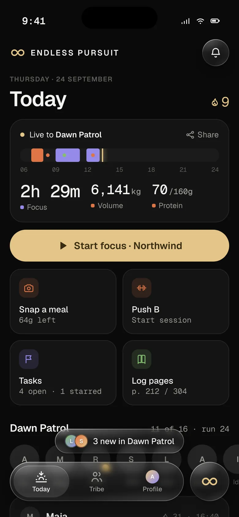 The Today screen: your day card live to the circle, a gold Start focus button and one-tap widgets