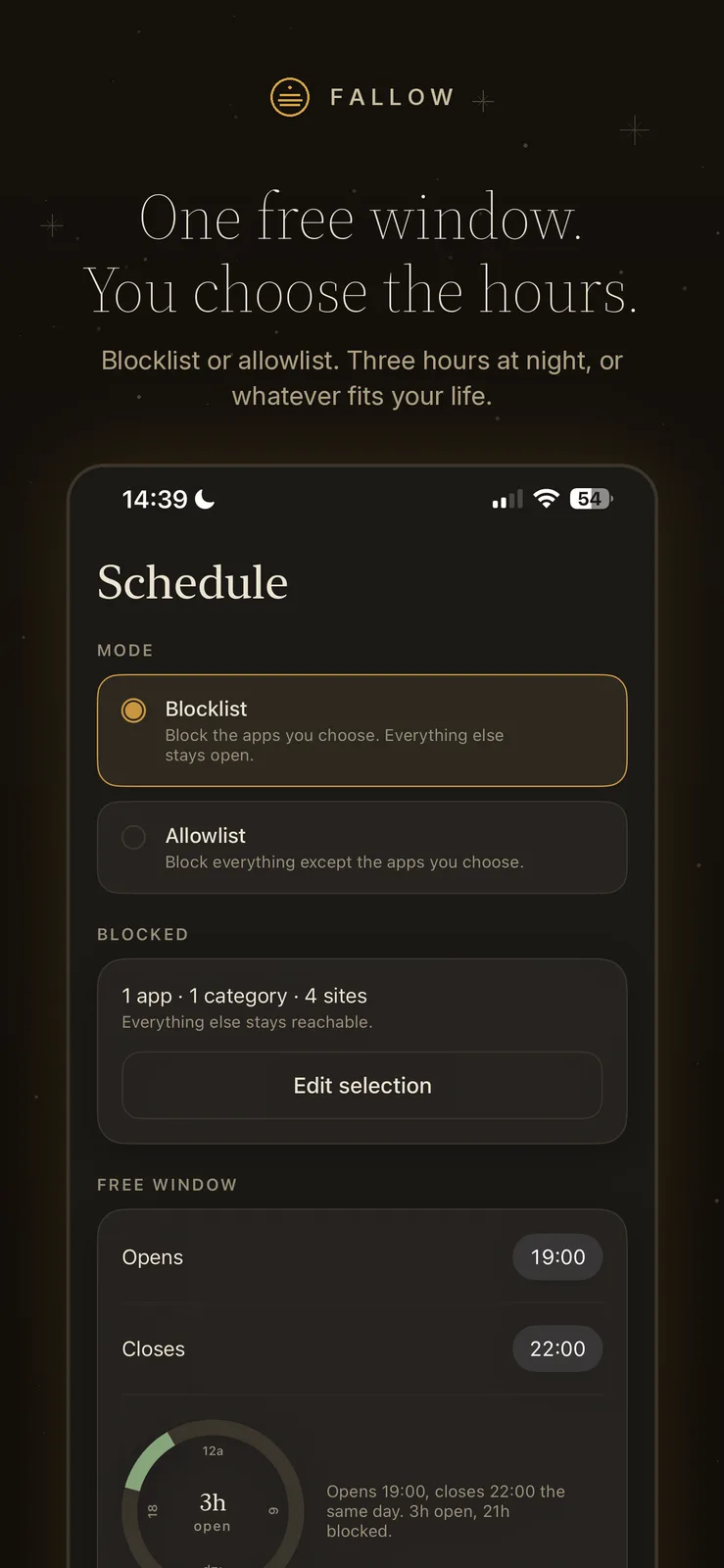 App Store screenshot: One free window. You choose the hours