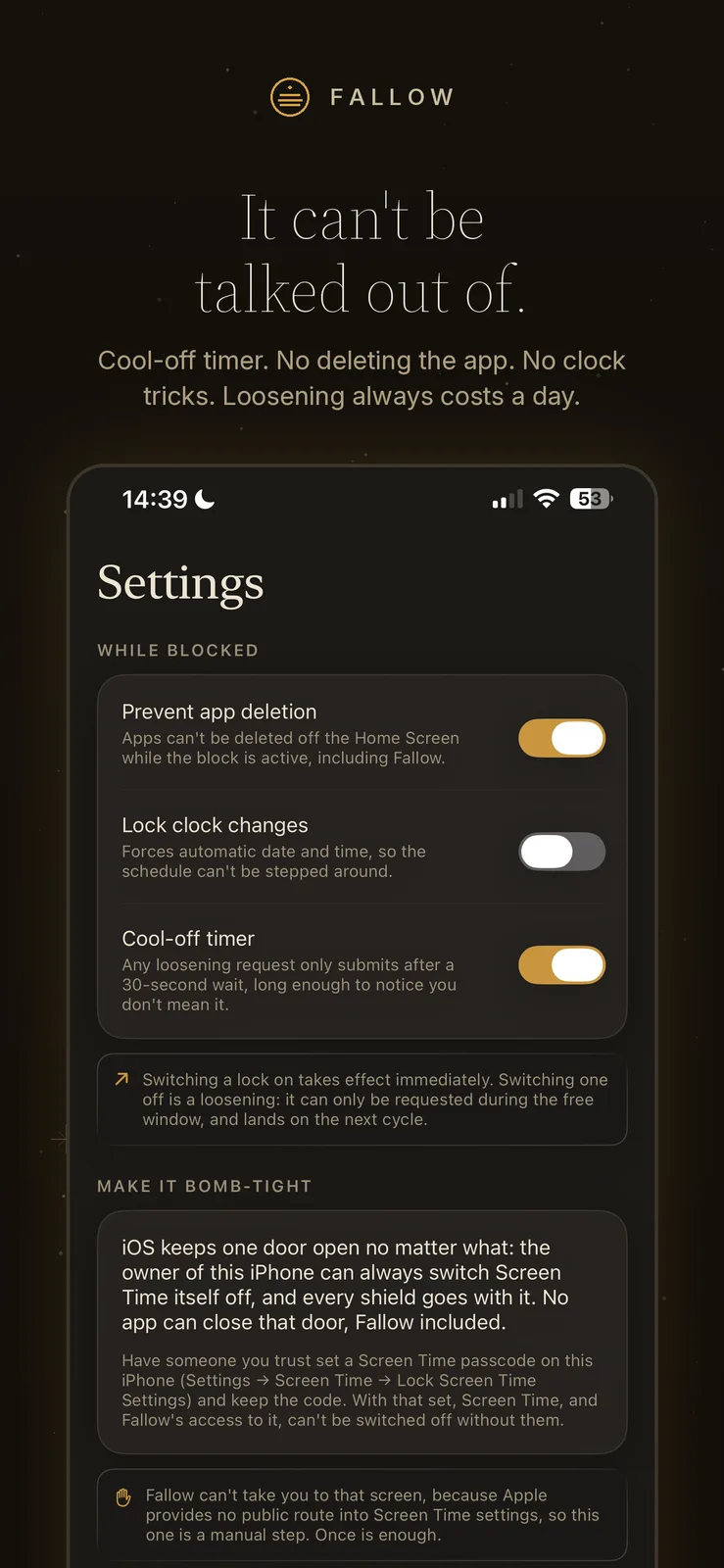 App Store screenshot: It can’t be talked out of. Lock settings