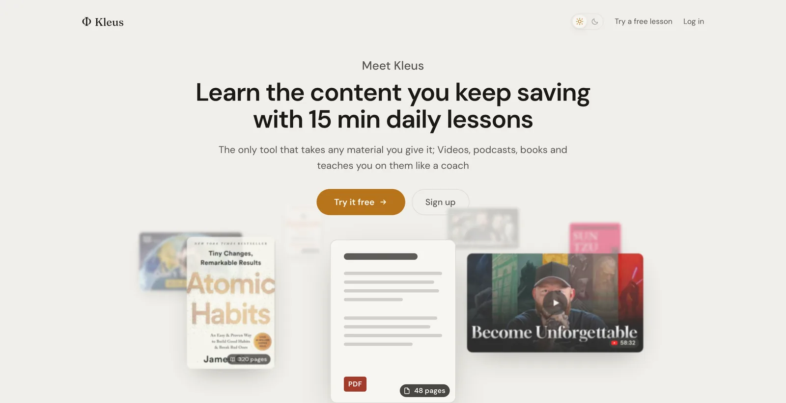 Kleus homepage: learn the content you keep saving with 15 minute daily lessons