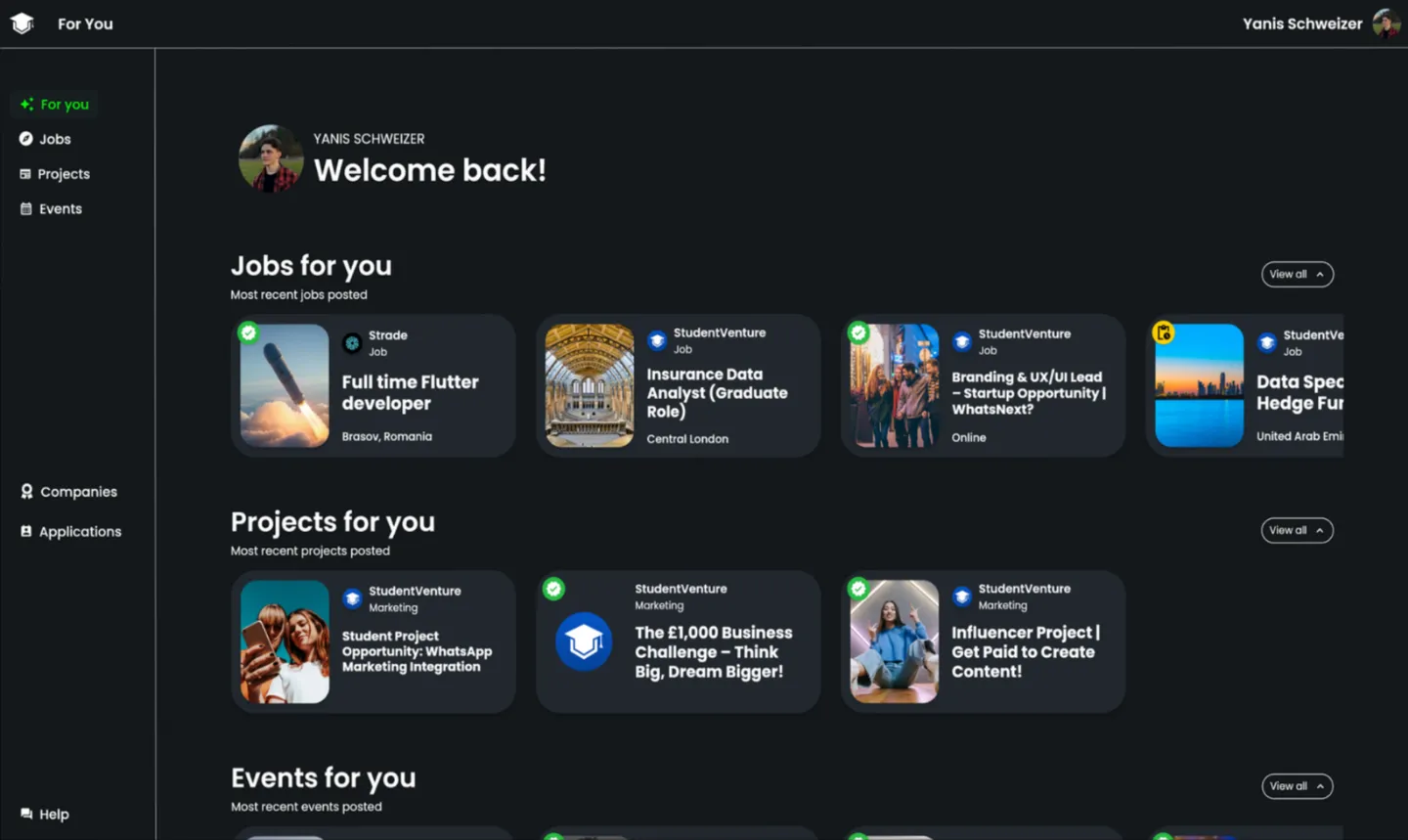 StudentVenture v1: the For You page, with jobs, projects and events picked for each student