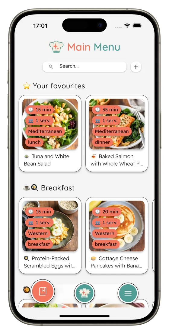 YouCook main menu with favourite recipes