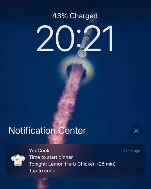 Meta ad creative: a YouCook reminder on a lock screen, Time to start dinner