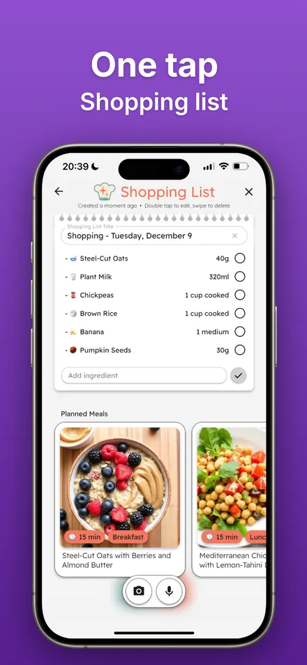 App Store screenshot: One tap shopping list