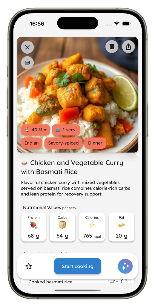 YouCook app showing recipe generation